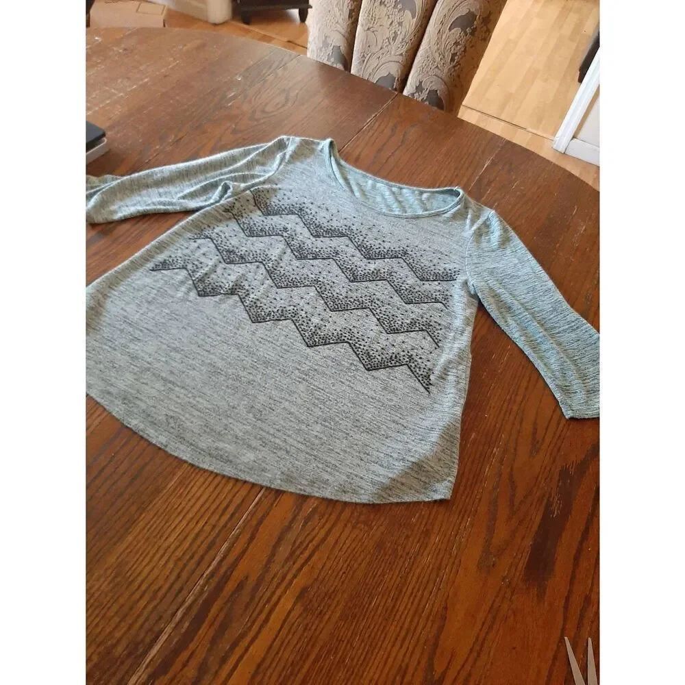 Medium Blue Black Bead Embellished Round Neck 3/4 Sleeve Round Neck Shirt Top